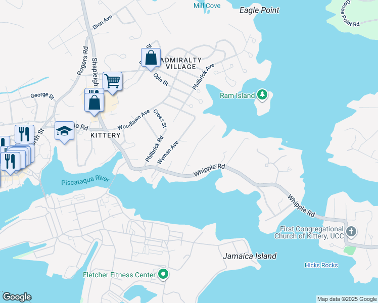 map of restaurants, bars, coffee shops, grocery stores, and more near 22 Wyman Avenue in Kittery