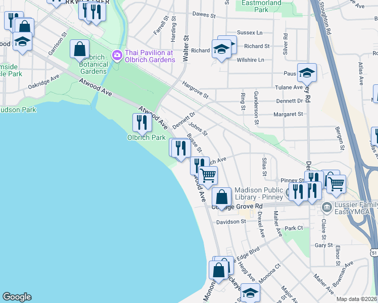 map of restaurants, bars, coffee shops, grocery stores, and more near 3513 Margaret Street in Madison