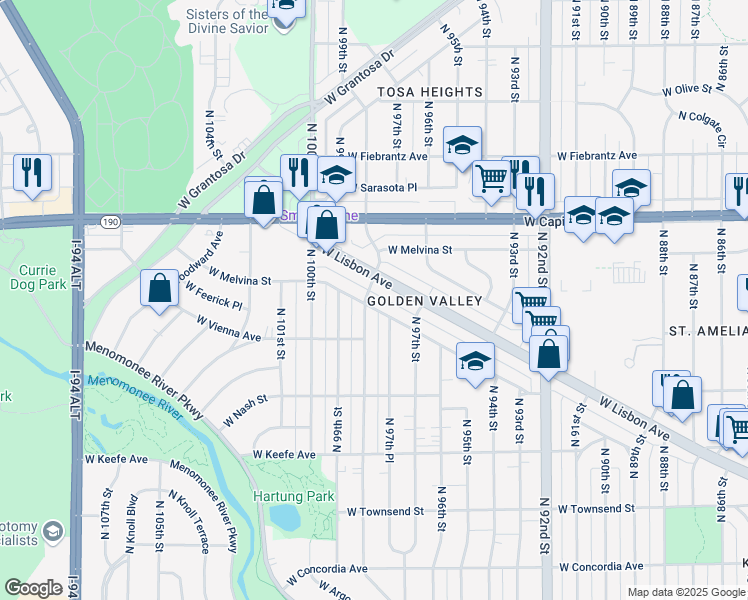 map of restaurants, bars, coffee shops, grocery stores, and more near 3876-3878 North 98th Street in Milwaukee