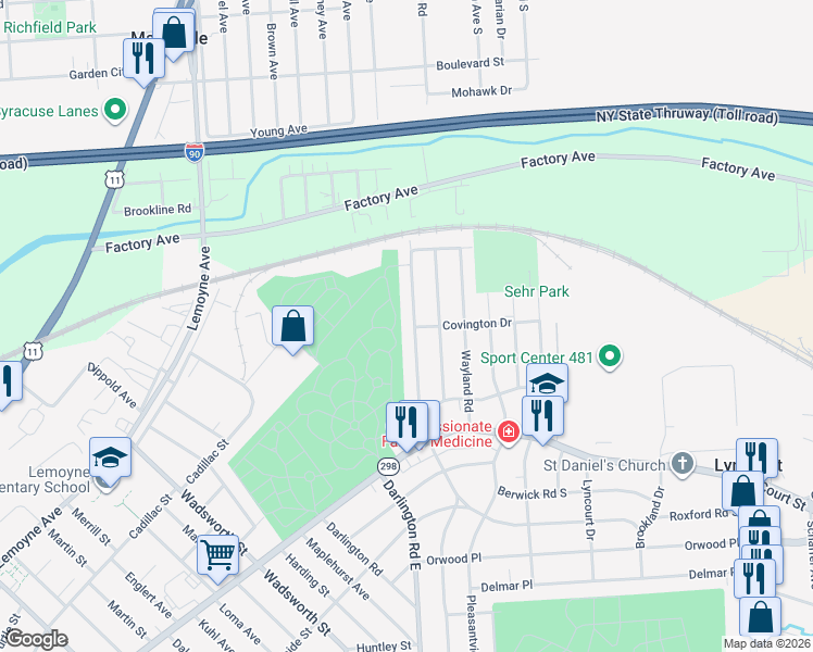 map of restaurants, bars, coffee shops, grocery stores, and more near 313 Roxford Road North in Syracuse