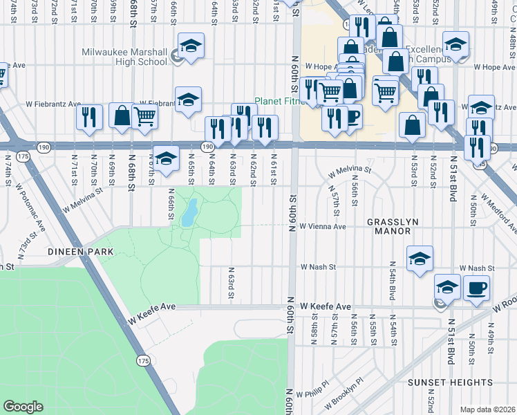 map of restaurants, bars, coffee shops, grocery stores, and more near 3855 North 61st Street in Milwaukee