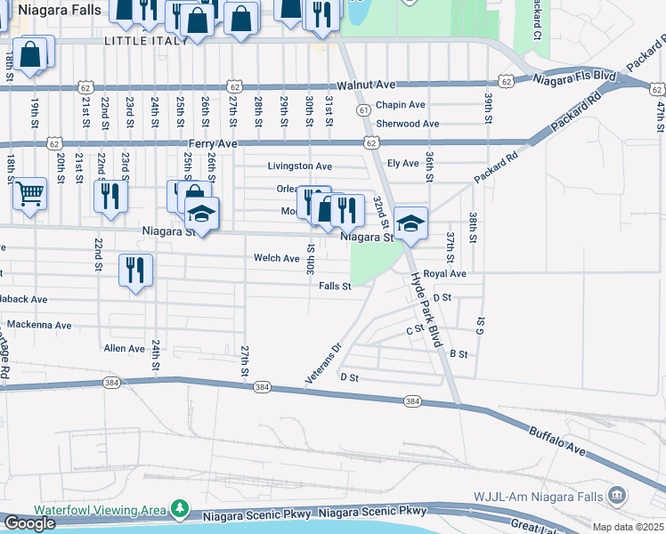 map of restaurants, bars, coffee shops, grocery stores, and more near 3027 Welch Avenue in Niagara Falls