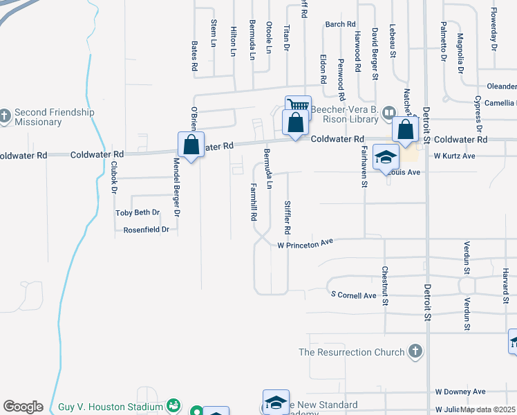 map of restaurants, bars, coffee shops, grocery stores, and more near 5447 Bermuda Lane in Flint