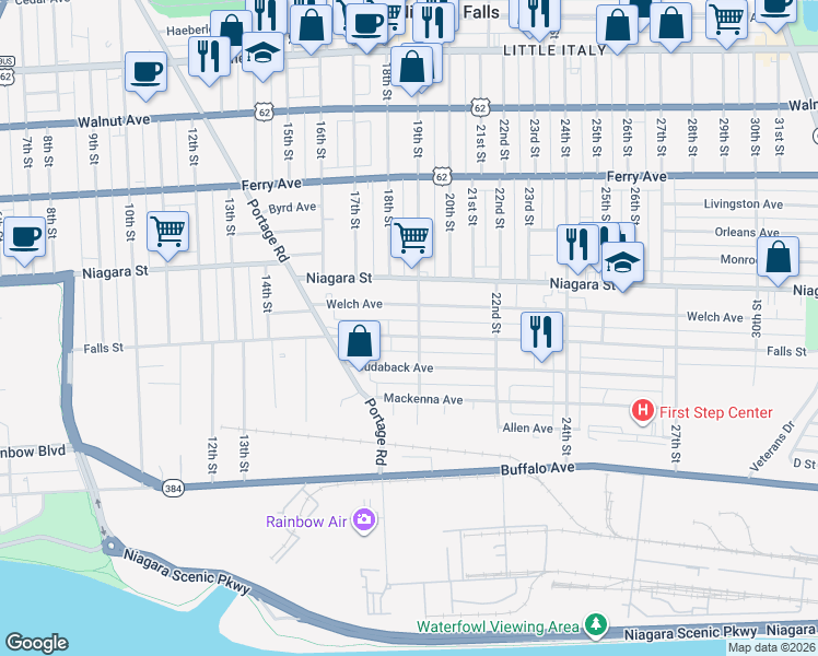 map of restaurants, bars, coffee shops, grocery stores, and more near 1793 Welch Avenue in Niagara Falls
