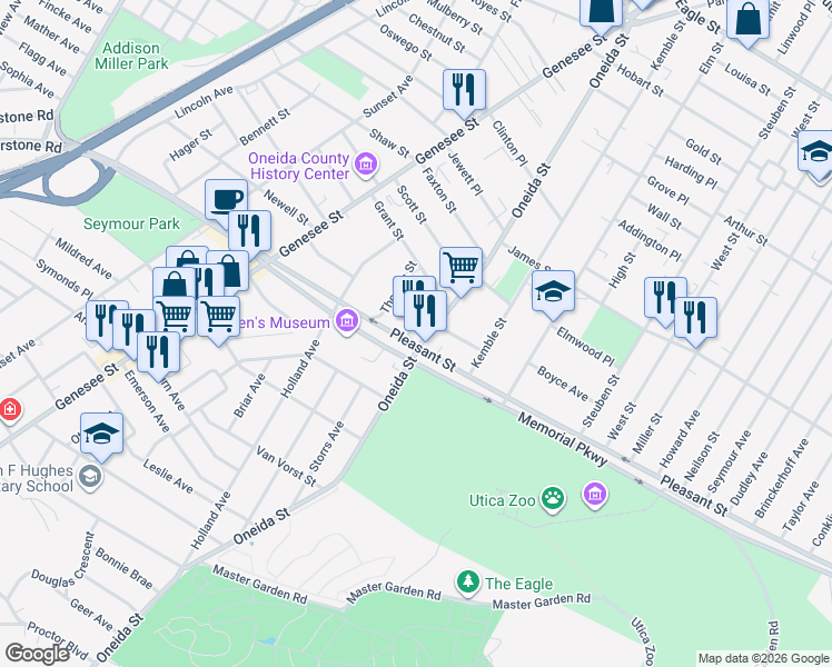 map of restaurants, bars, coffee shops, grocery stores, and more near 1668 Oneida Street in Utica