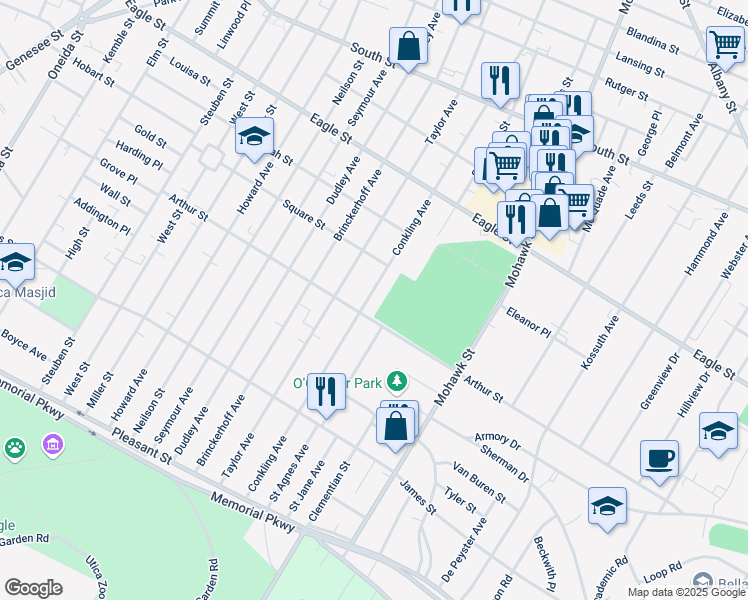 map of restaurants, bars, coffee shops, grocery stores, and more near 1423 Conkling Avenue in Utica