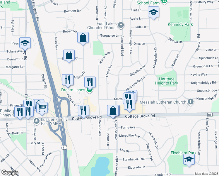 map of restaurants, bars, coffee shops, grocery stores, and more near 735 Topaz Lane in Madison