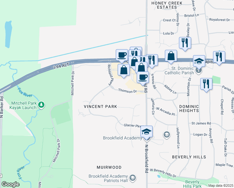 map of restaurants, bars, coffee shops, grocery stores, and more near 19155 Thomson Drive in Brookfield