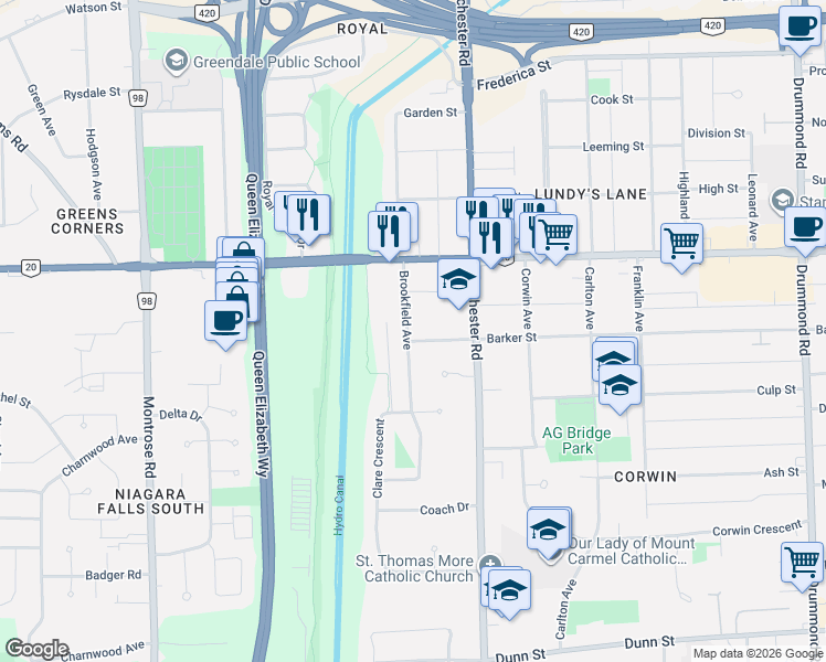 map of restaurants, bars, coffee shops, grocery stores, and more near in Niagara Falls
