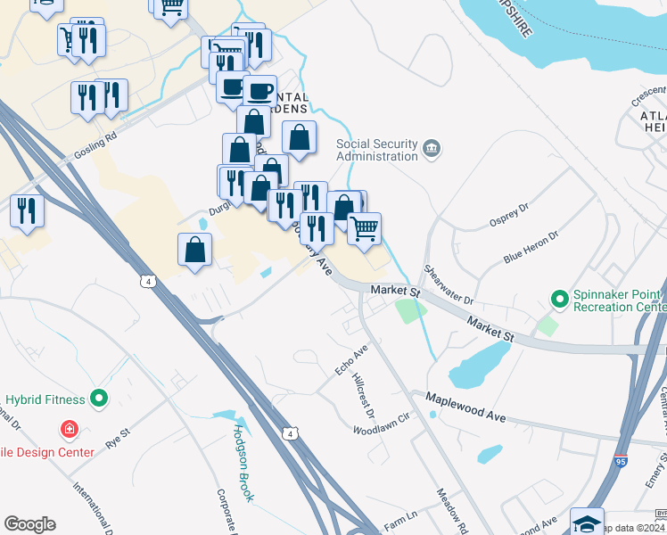 map of restaurants, bars, coffee shops, grocery stores, and more near 1465 Woodbury Avenue in Portsmouth