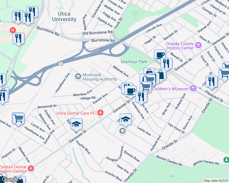 map of restaurants, bars, coffee shops, grocery stores, and more near 2015 Sunset Avenue in Utica