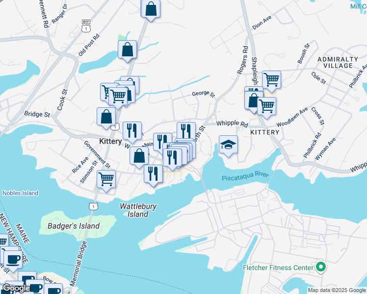 map of restaurants, bars, coffee shops, grocery stores, and more near 4 Central Avenue in Kittery