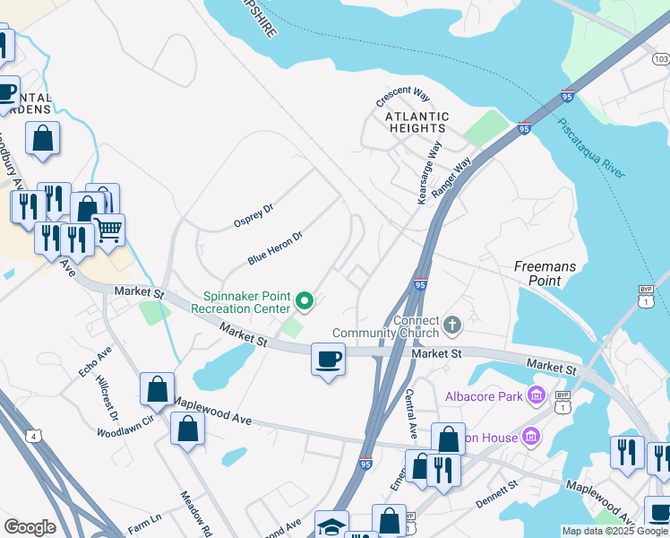 map of restaurants, bars, coffee shops, grocery stores, and more near 102 Spinnaker Way in Portsmouth