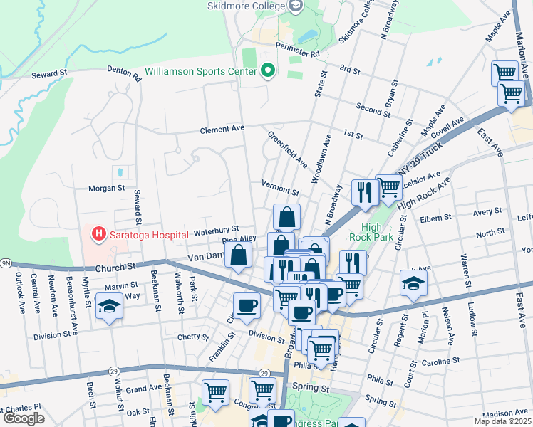 map of restaurants, bars, coffee shops, grocery stores, and more near 49 State Street in Saratoga Springs