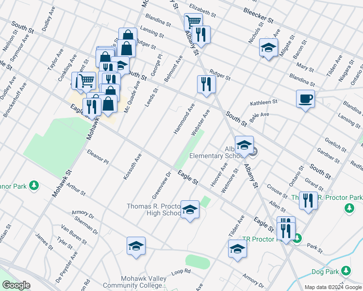 map of restaurants, bars, coffee shops, grocery stores, and more near 1147 Hammond Avenue in Utica
