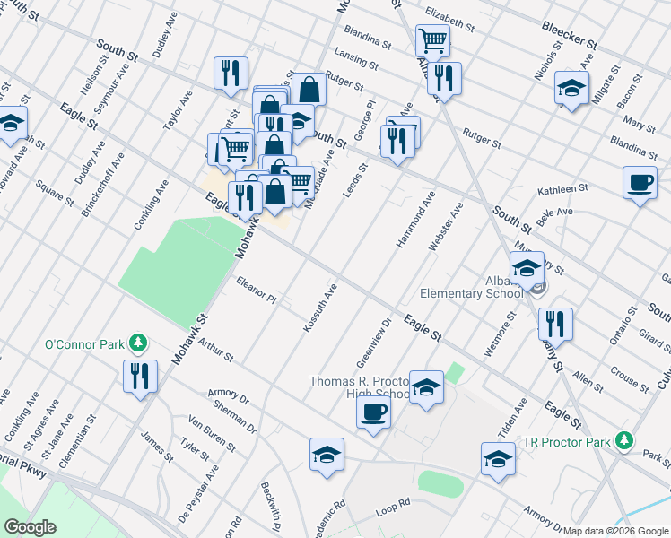 map of restaurants, bars, coffee shops, grocery stores, and more near 1176 Kossuth Avenue in Utica