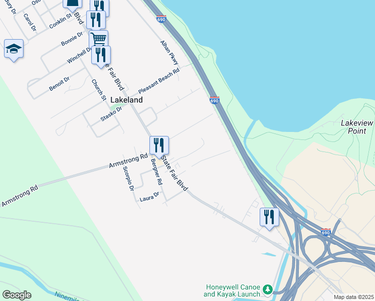 map of restaurants, bars, coffee shops, grocery stores, and more near 18 Regatta Row in Syracuse