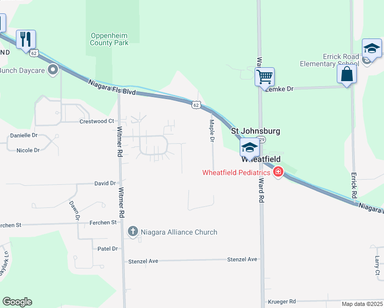 map of restaurants, bars, coffee shops, grocery stores, and more near 2751 Alder Creek Drive South in North Tonawanda