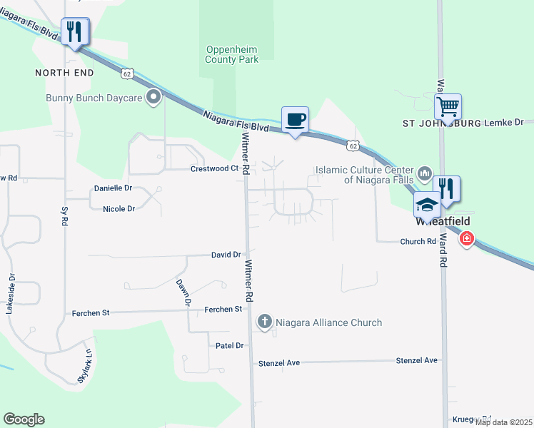 map of restaurants, bars, coffee shops, grocery stores, and more near 2712 Alder Creek Drive South in North Tonawanda