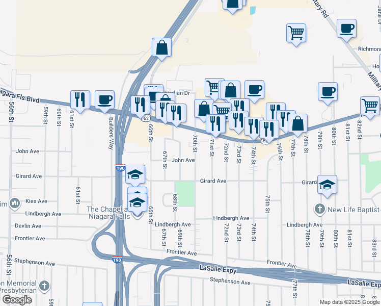 map of restaurants, bars, coffee shops, grocery stores, and more near 661 69th Street in Niagara Falls