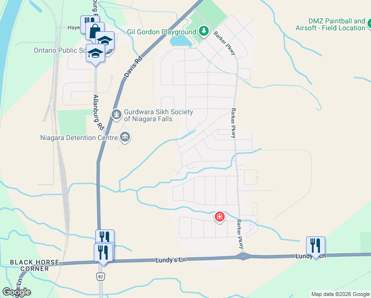 map of restaurants, bars, coffee shops, grocery stores, and more near Upper's Lane in Thorold