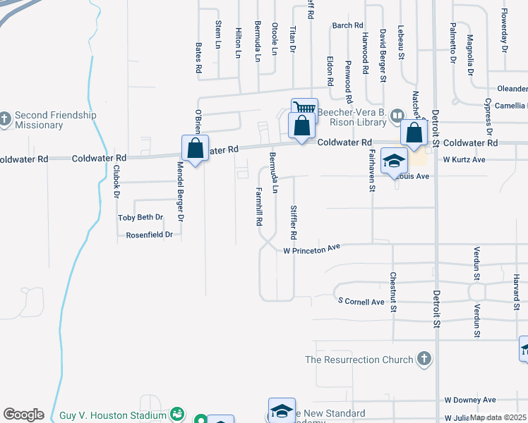 map of restaurants, bars, coffee shops, grocery stores, and more near 5447 Bermuda Lane in Flint