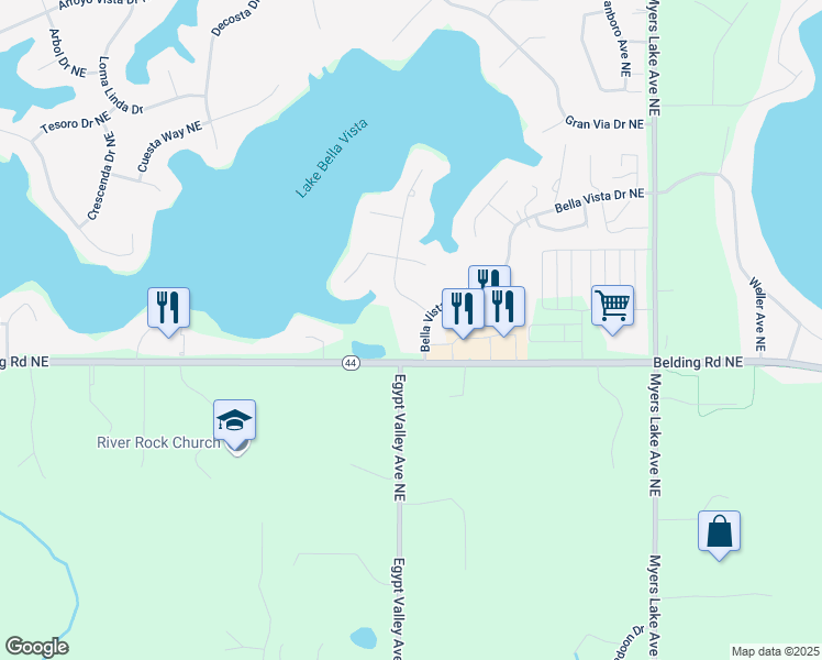 map of restaurants, bars, coffee shops, grocery stores, and more near 6347 Belding Road Northeast in Rockford