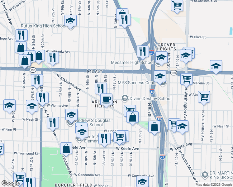 map of restaurants, bars, coffee shops, grocery stores, and more near 3838 North 13th Street in Milwaukee