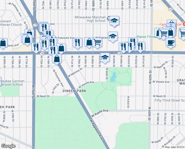map of restaurants, bars, coffee shops, grocery stores, and more near 3853 North 68th Street in Milwaukee