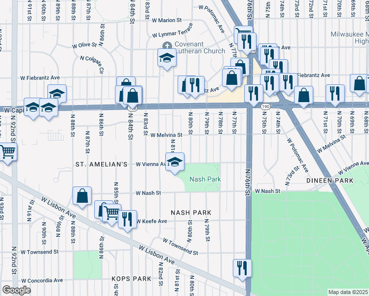 map of restaurants, bars, coffee shops, grocery stores, and more near 3859 North 80th Street in Milwaukee