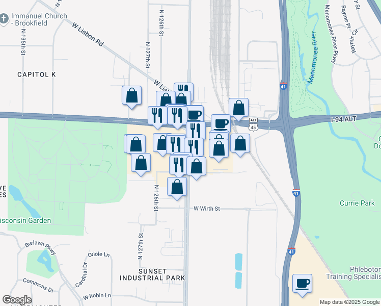 map of restaurants, bars, coffee shops, grocery stores, and more near 3863 North 124th Street in Wauwatosa