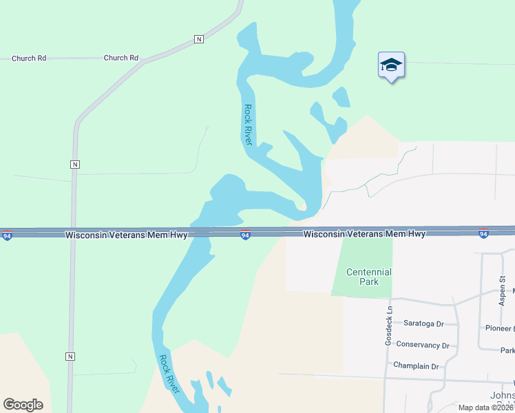 map of restaurants, bars, coffee shops, grocery stores, and more near Interstate 94 in Johnson Creek