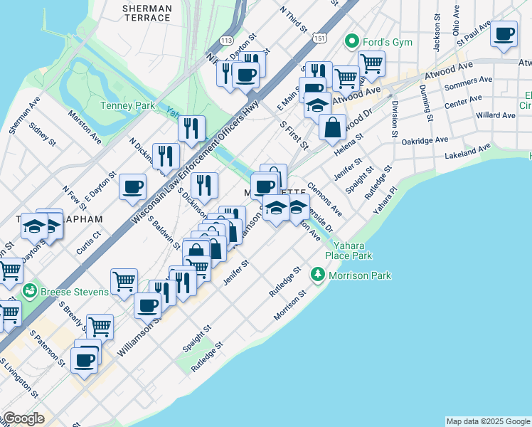 map of restaurants, bars, coffee shops, grocery stores, and more near 1456 Williamson Street in Madison