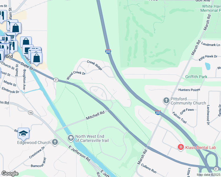 map of restaurants, bars, coffee shops, grocery stores, and more near 500 Hahnemann Trail in Pittsford