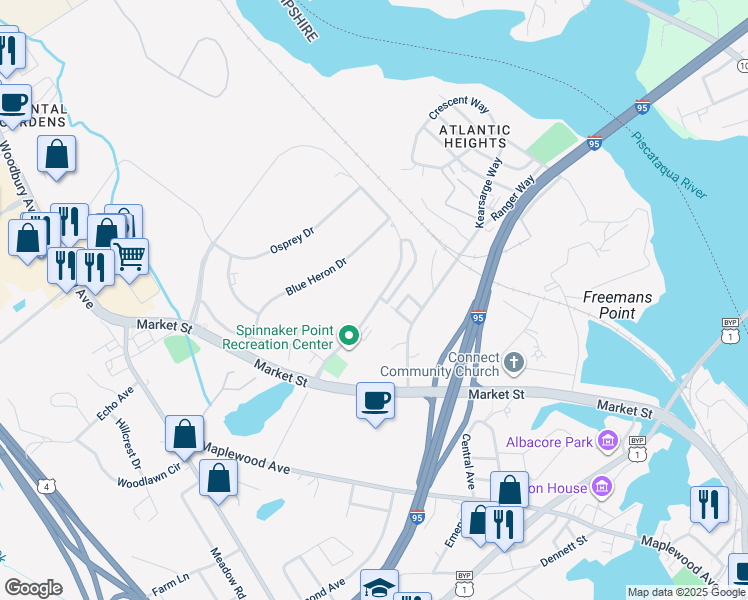 map of restaurants, bars, coffee shops, grocery stores, and more near 77 Spinnaker Way in Portsmouth