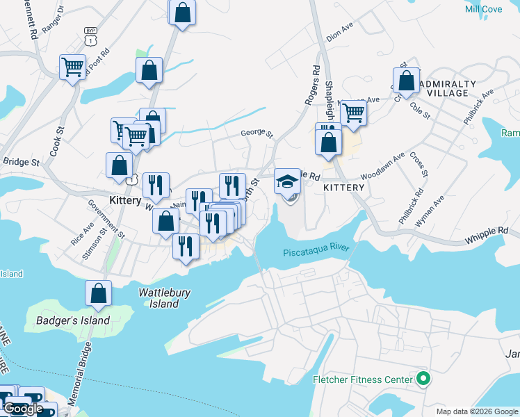 map of restaurants, bars, coffee shops, grocery stores, and more near 36 Traip Avenue in Kittery