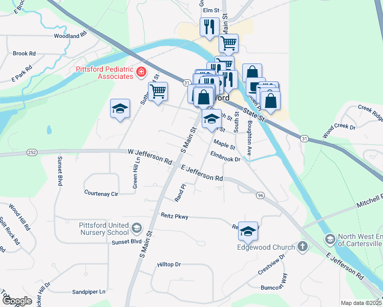 map of restaurants, bars, coffee shops, grocery stores, and more near 66 S Main St in Pittsford