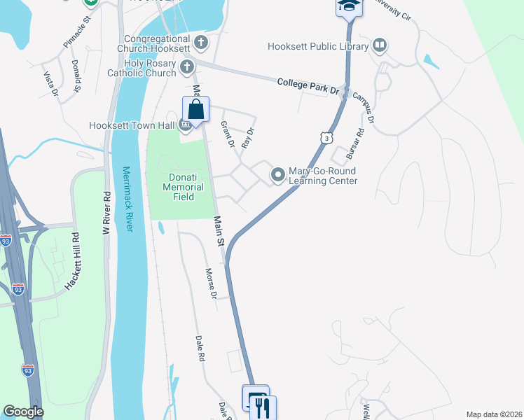 map of restaurants, bars, coffee shops, grocery stores, and more near 1626 Daniel Webster Highway in Hooksett