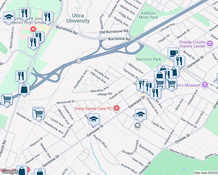 map of restaurants, bars, coffee shops, grocery stores, and more near 1831 Merriline Avenue in Utica