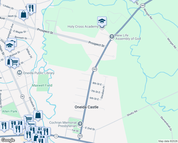 map of restaurants, bars, coffee shops, grocery stores, and more near 4599 New York 365 in Oneida