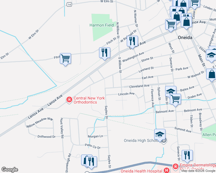map of restaurants, bars, coffee shops, grocery stores, and more near 311 Sayles Street in Oneida