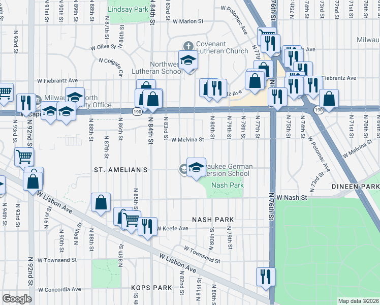 map of restaurants, bars, coffee shops, grocery stores, and more near 3861 North 81st Street in Milwaukee