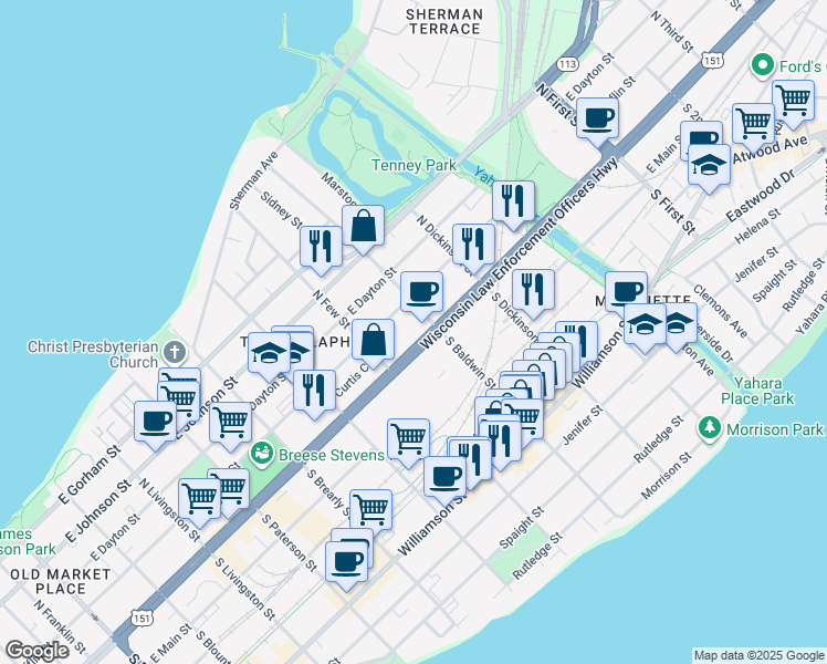 map of restaurants, bars, coffee shops, grocery stores, and more near 1240 East Washington Avenue in Madison
