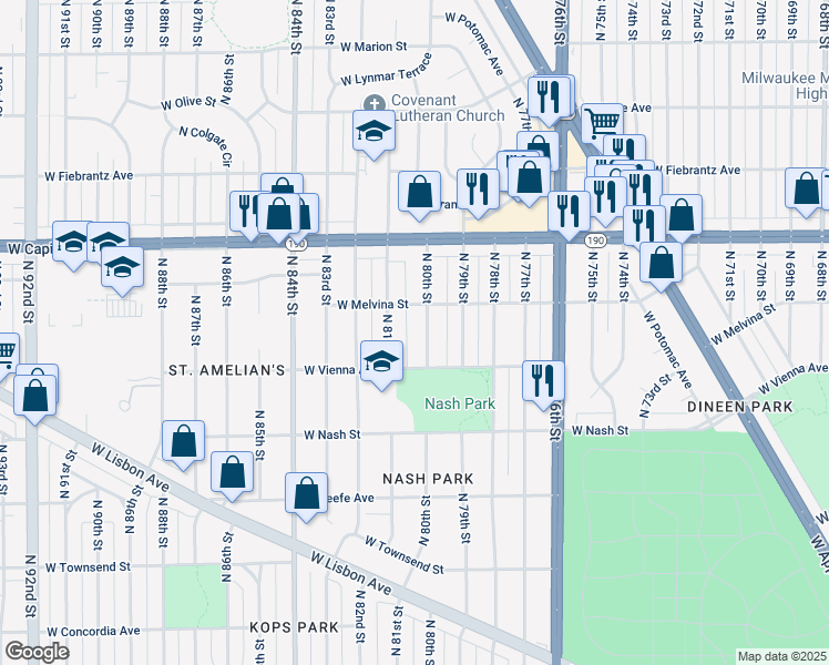 map of restaurants, bars, coffee shops, grocery stores, and more near 3859 North 80th Street in Milwaukee