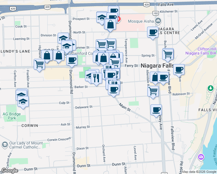 map of restaurants, bars, coffee shops, grocery stores, and more near 6043 Main Street in Niagara Falls