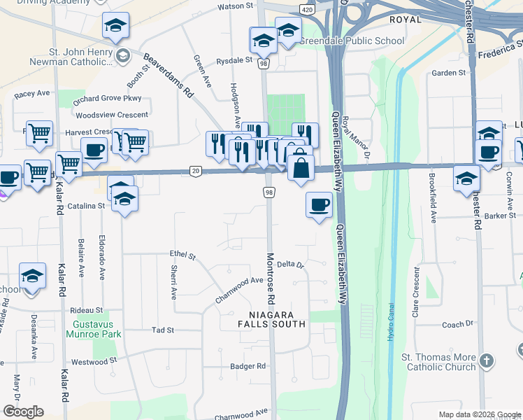 map of restaurants, bars, coffee shops, grocery stores, and more near 5979 Montrose Road in Niagara Falls