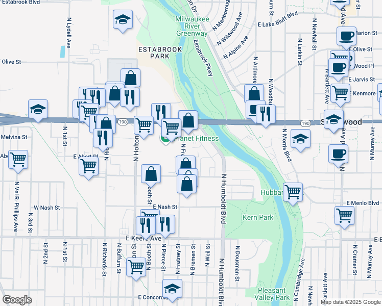 map of restaurants, bars, coffee shops, grocery stores, and more near 3872 North Fratney Street in Milwaukee