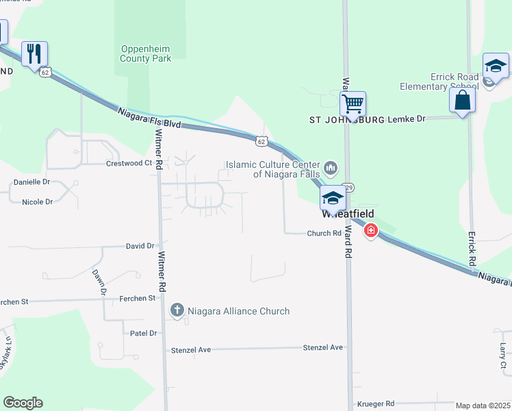 map of restaurants, bars, coffee shops, grocery stores, and more near 2751 Alder Creek Drive South in North Tonawanda