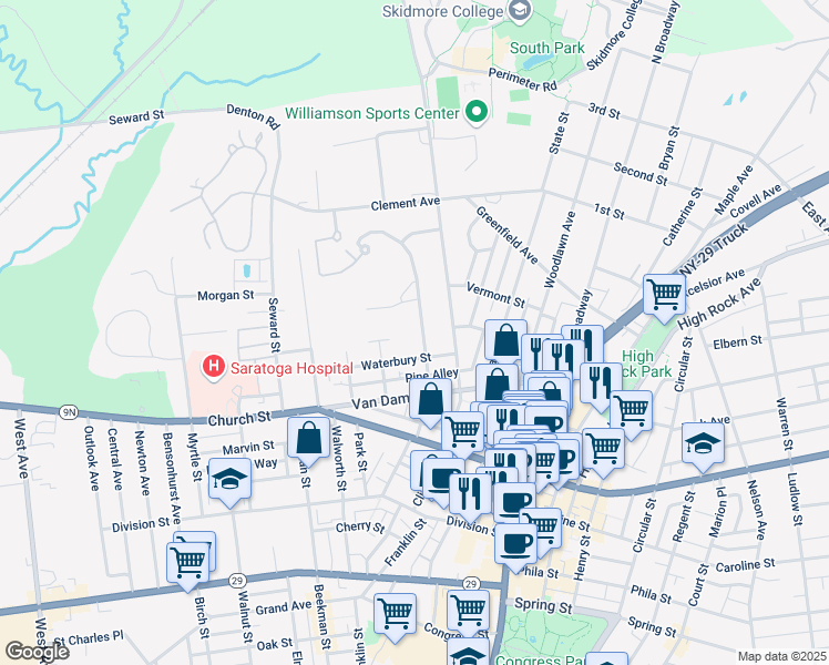 map of restaurants, bars, coffee shops, grocery stores, and more near 115 Lawrence Street in Saratoga Springs
