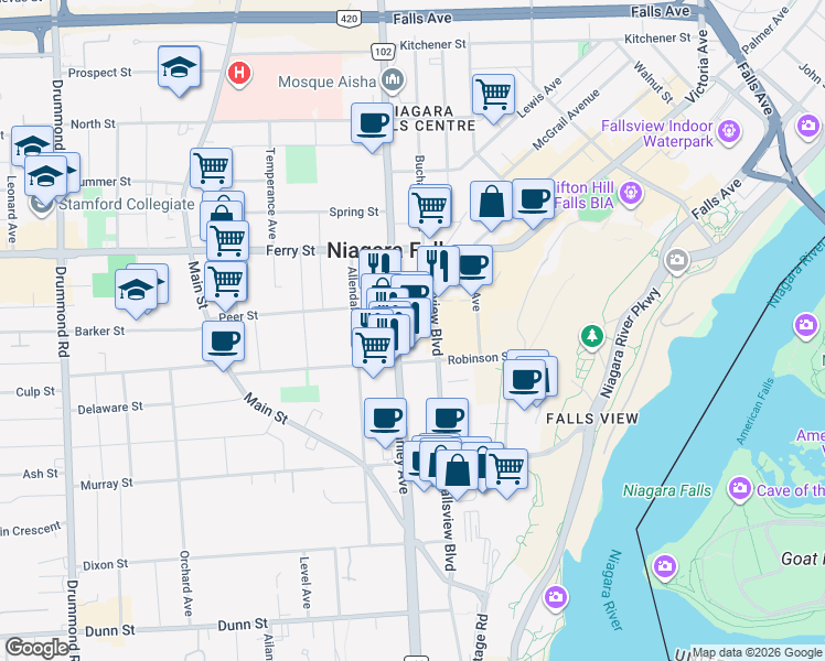 map of restaurants, bars, coffee shops, grocery stores, and more near 6039 Fallsview Boulevard in Niagara Falls